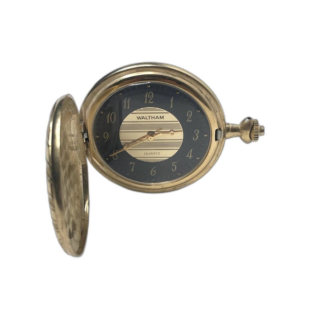 Waltham Vintage Quartz Gold Tone Engraved Stripe Pocket Watch